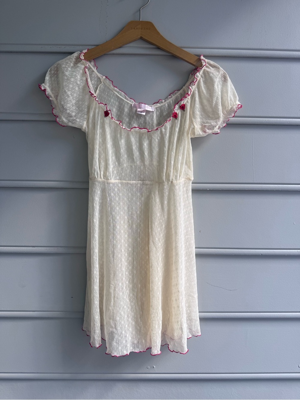 Cream Short Sleeve Ruffle Lace Dress with red Trim